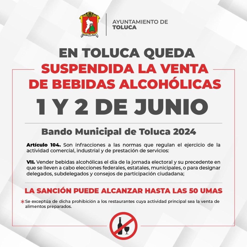 Ley Seca, nada de venta de alcohol, precisa gobierno Municipal de&nbsp;Toluca