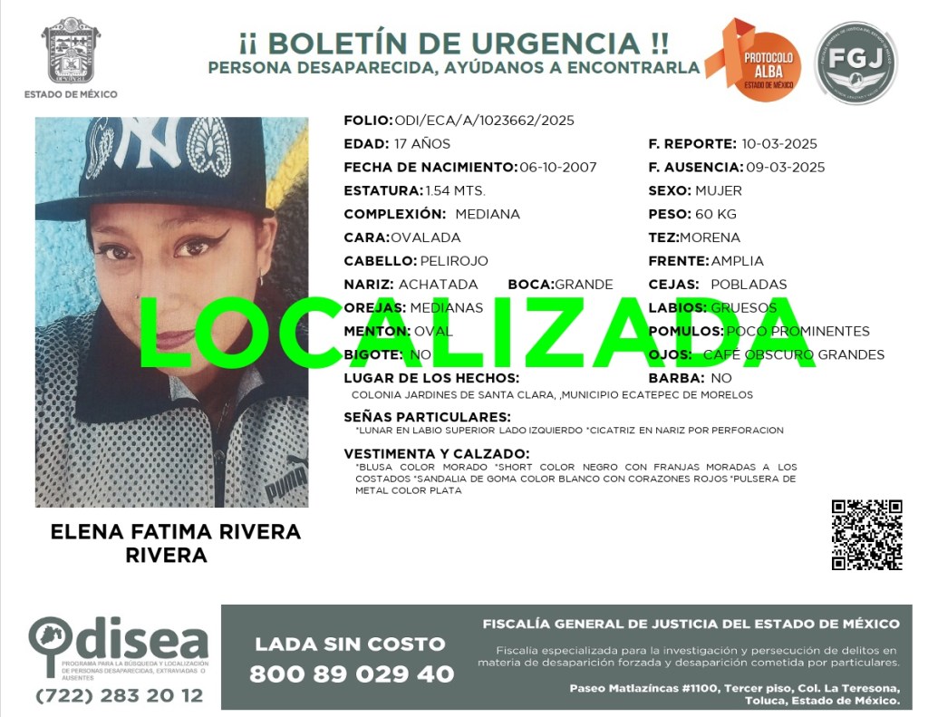En Ecatepec localizaron a Elena Fátima de 17 años; se activó la Célula de Búsqueda&nbsp;municipal